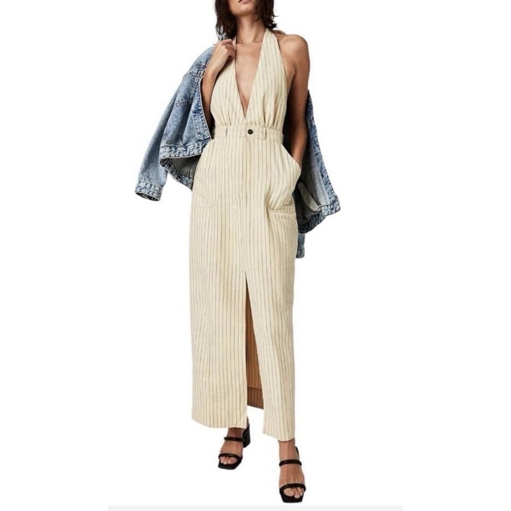 Free People Cotton Halter Maxi Dress Ivory Green Stripe Front Slit Pockets Sz 0